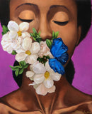 painting, black woman, flowers. purple background